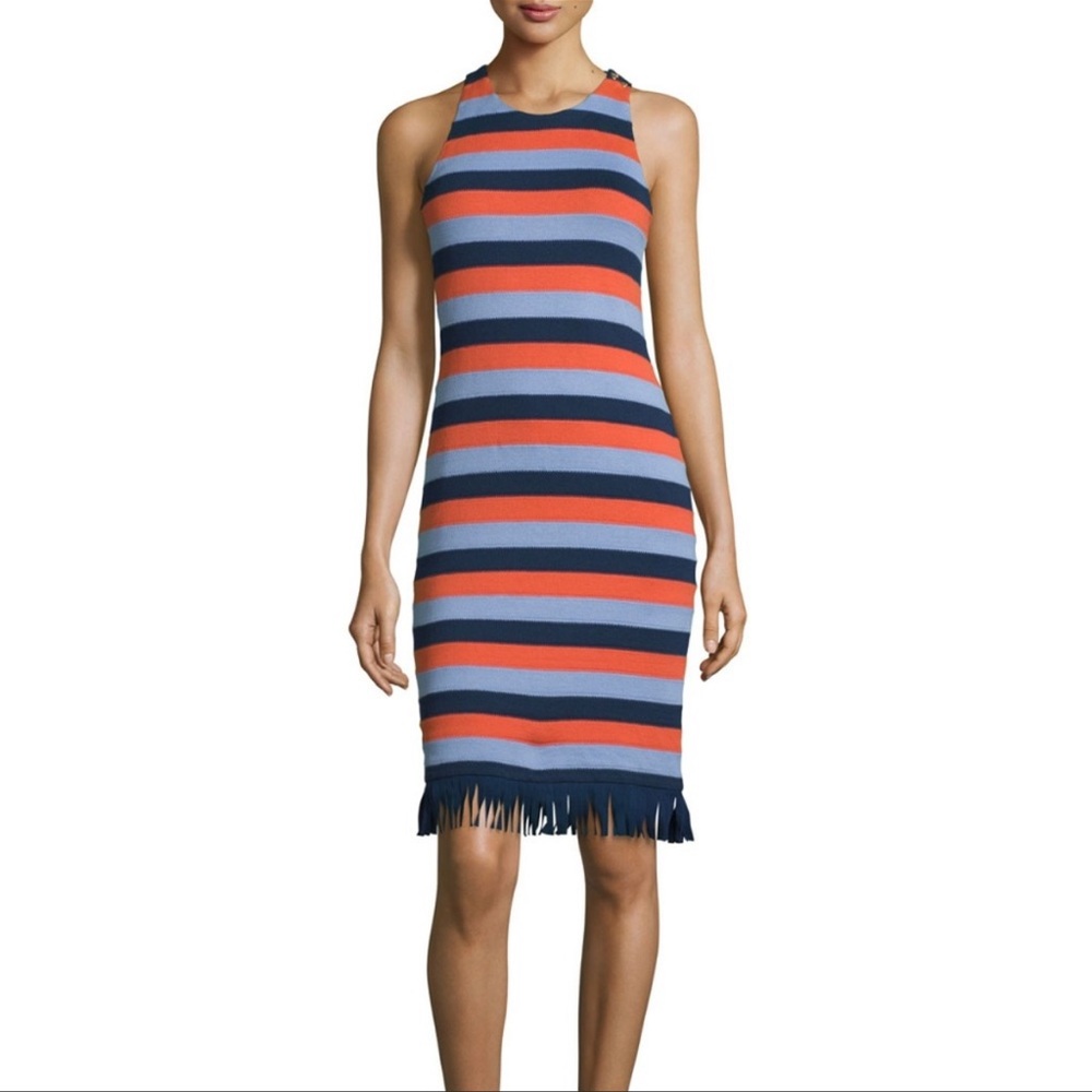 Tory Burch Ariana Sleeveless Striped Dress w/ Fringe